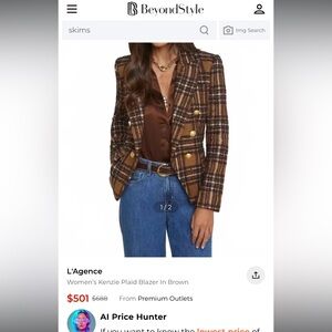 L'AGENCE Brown Plaid Double-Breasted Blazer